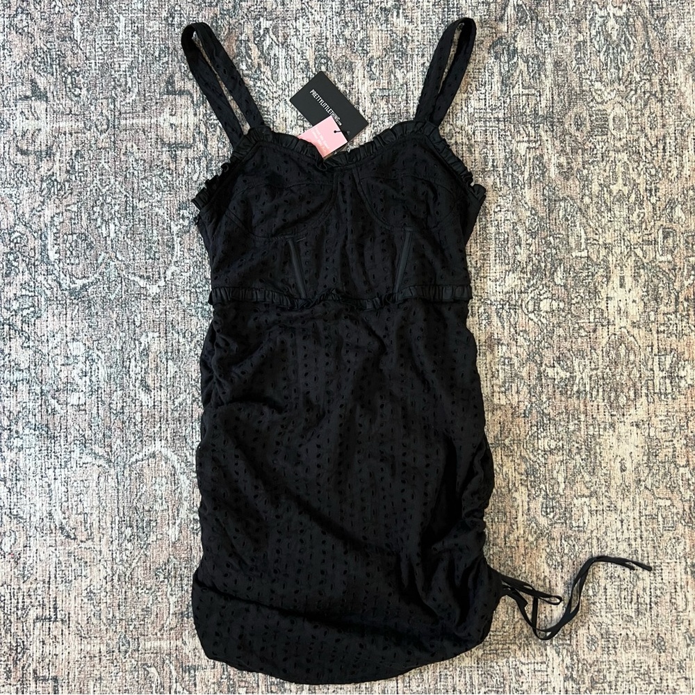 NWT Black Eyelet Bustier Dress Size 14 Cinch Sides 100% cotton